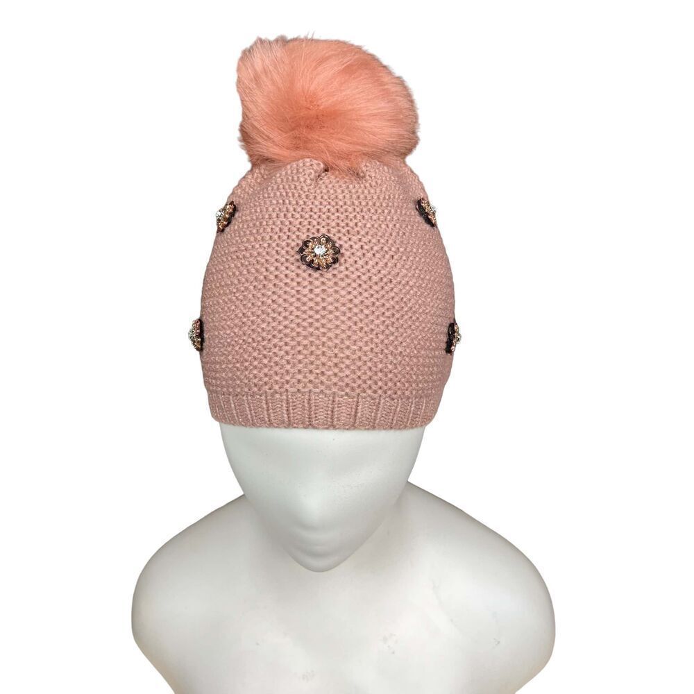 Neiman Marcus Hat Pom Beanie Pink Tan Blush Floral Embellished Bling One Size